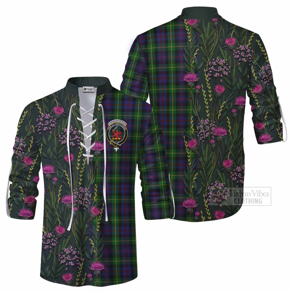 Farquharson Family Crest Tartan Ghillie Shirt Scottish Thistle Flower Pattern Half Style - Tartan Vibes Clothing