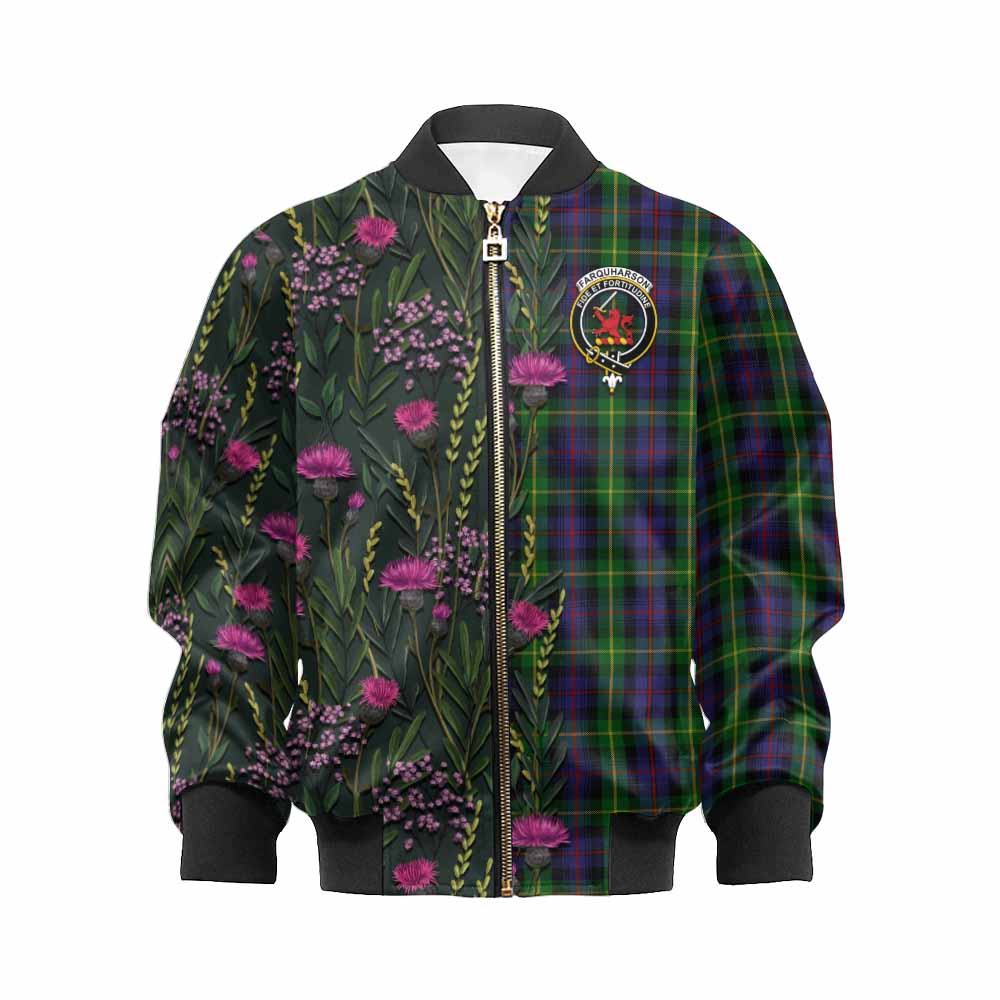 Farquharson Family Crest Tartan Kid Bomber Jacket Scottish Thistle Flower Pattern Half Style - Tartan Vibes Clothing