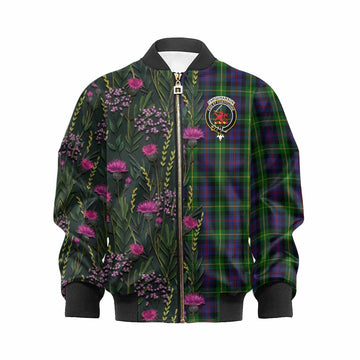 Farquharson Family Crest Tartan Kid Bomber Jacket Scottish Thistle Flower Pattern Half Style