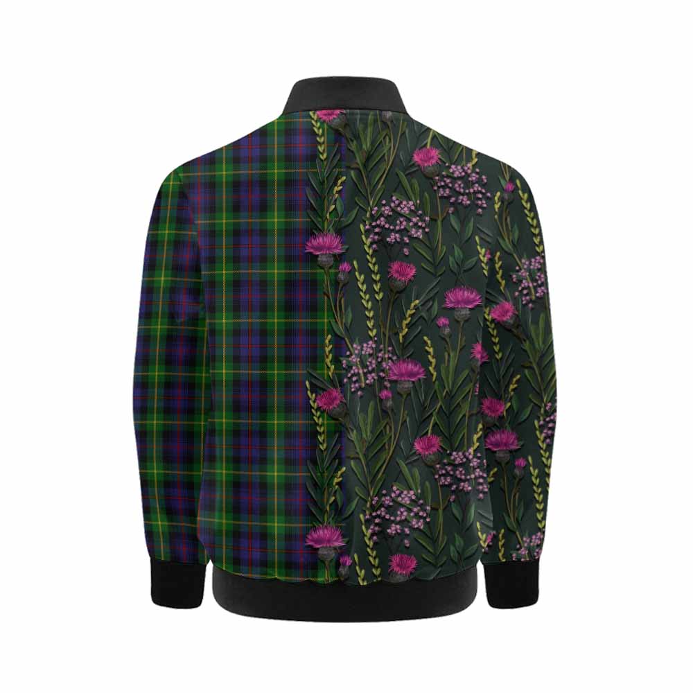Farquharson Family Crest Tartan Kid Bomber Jacket Scottish Thistle Flower Pattern Half Style - Tartan Vibes Clothing