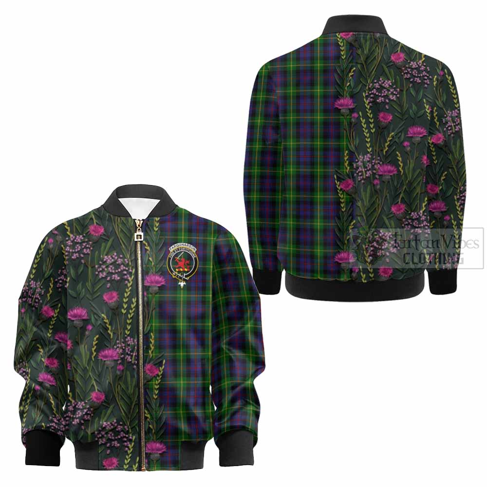 Farquharson Family Crest Tartan Kid Bomber Jacket Scottish Thistle Flower Pattern Half Style - Tartan Vibes Clothing