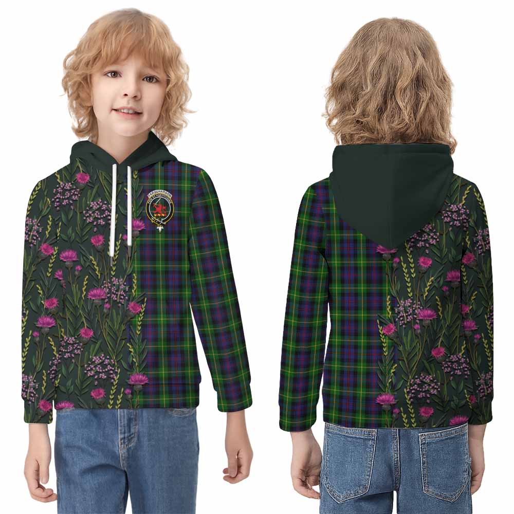 Farquharson Family Crest Tartan Kid Hoodie Scottish Thistle Flower Pattern Half Style - Tartan Vibes Clothing