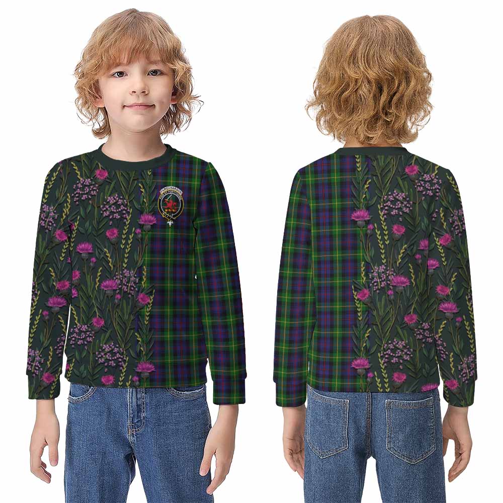 Farquharson Family Crest Tartan Kid Knitted Sweatshirt Scottish Thistle Flower Pattern Half Style - Tartan Vibes Clothing