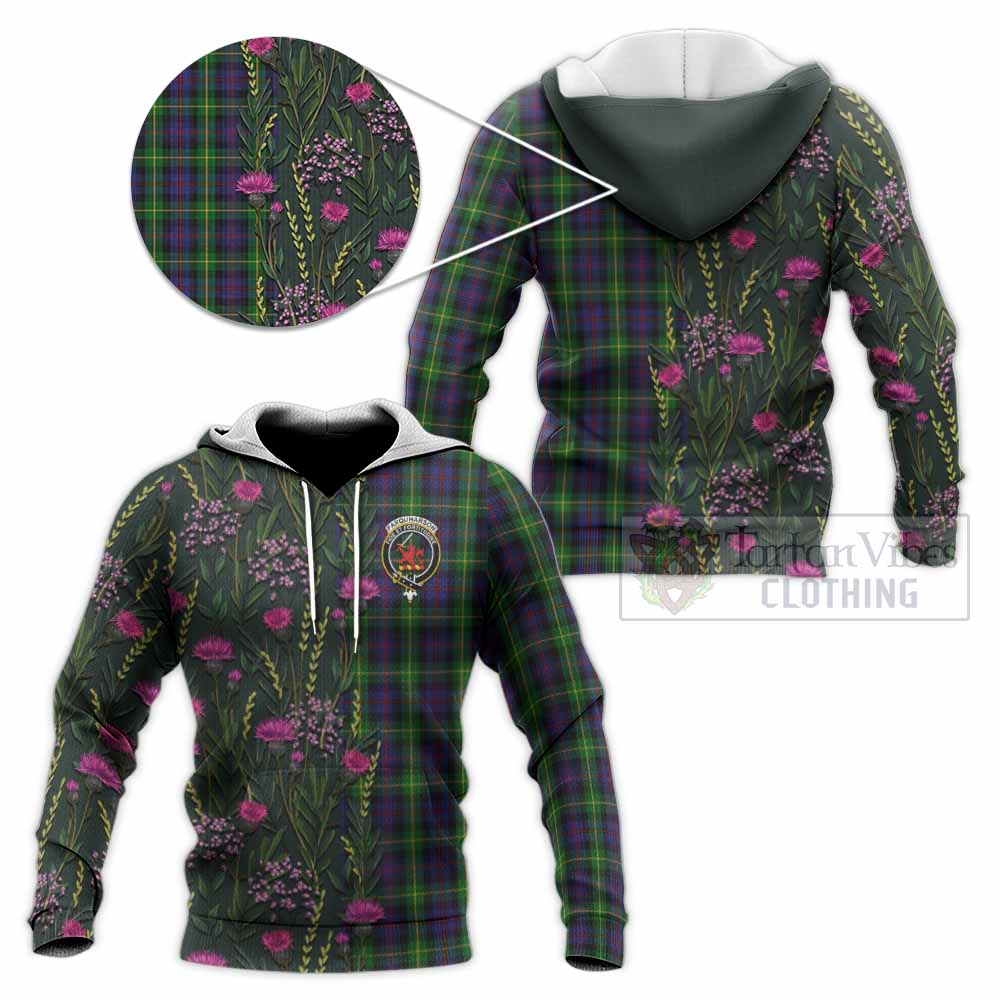 Farquharson Family Crest Tartan Knitted Hoodie Scottish Thistle Flower Pattern Half Style - Tartan Vibes Clothing