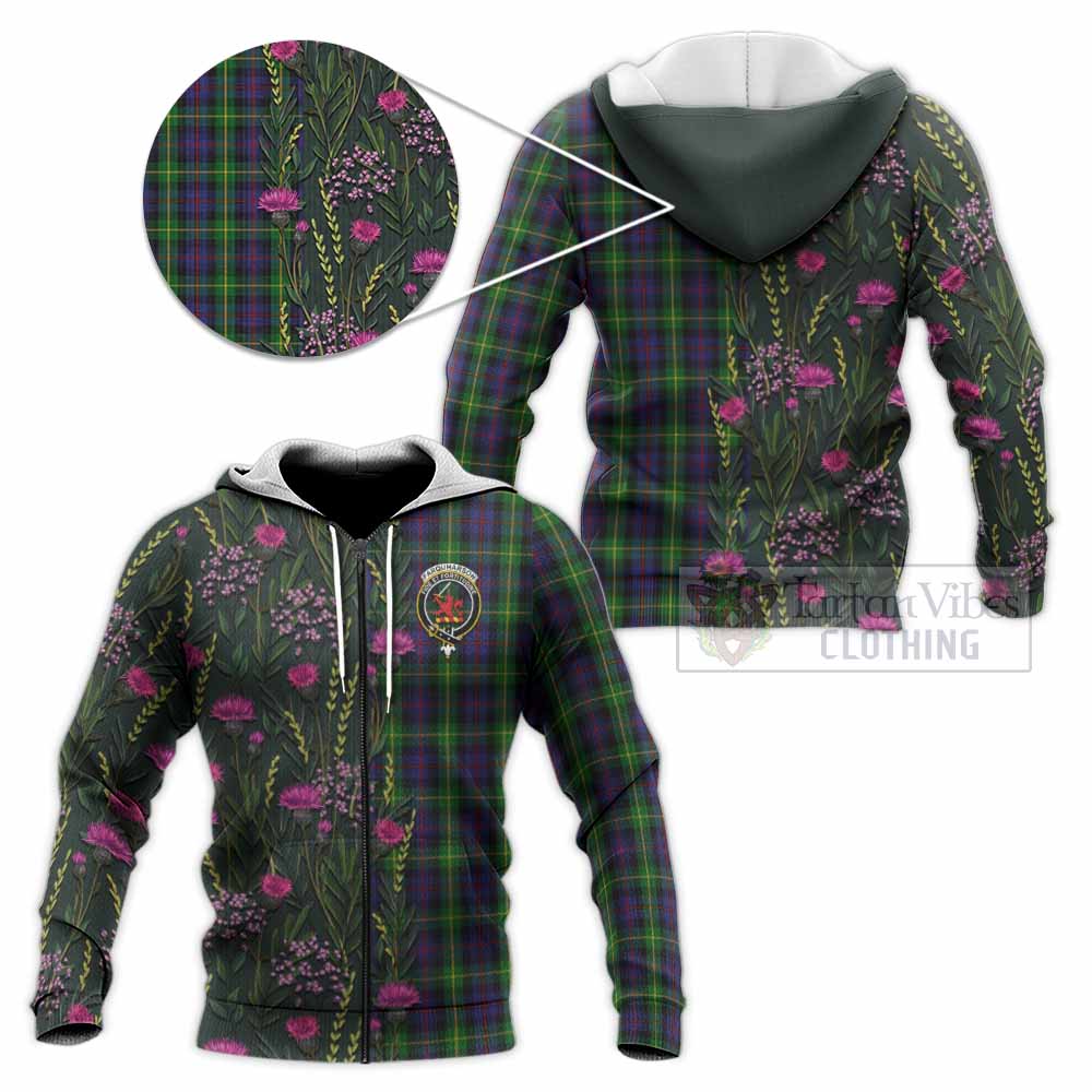 Farquharson Family Crest Tartan Knitted Hoodie Scottish Thistle Flower Pattern Half Style - Tartan Vibes Clothing