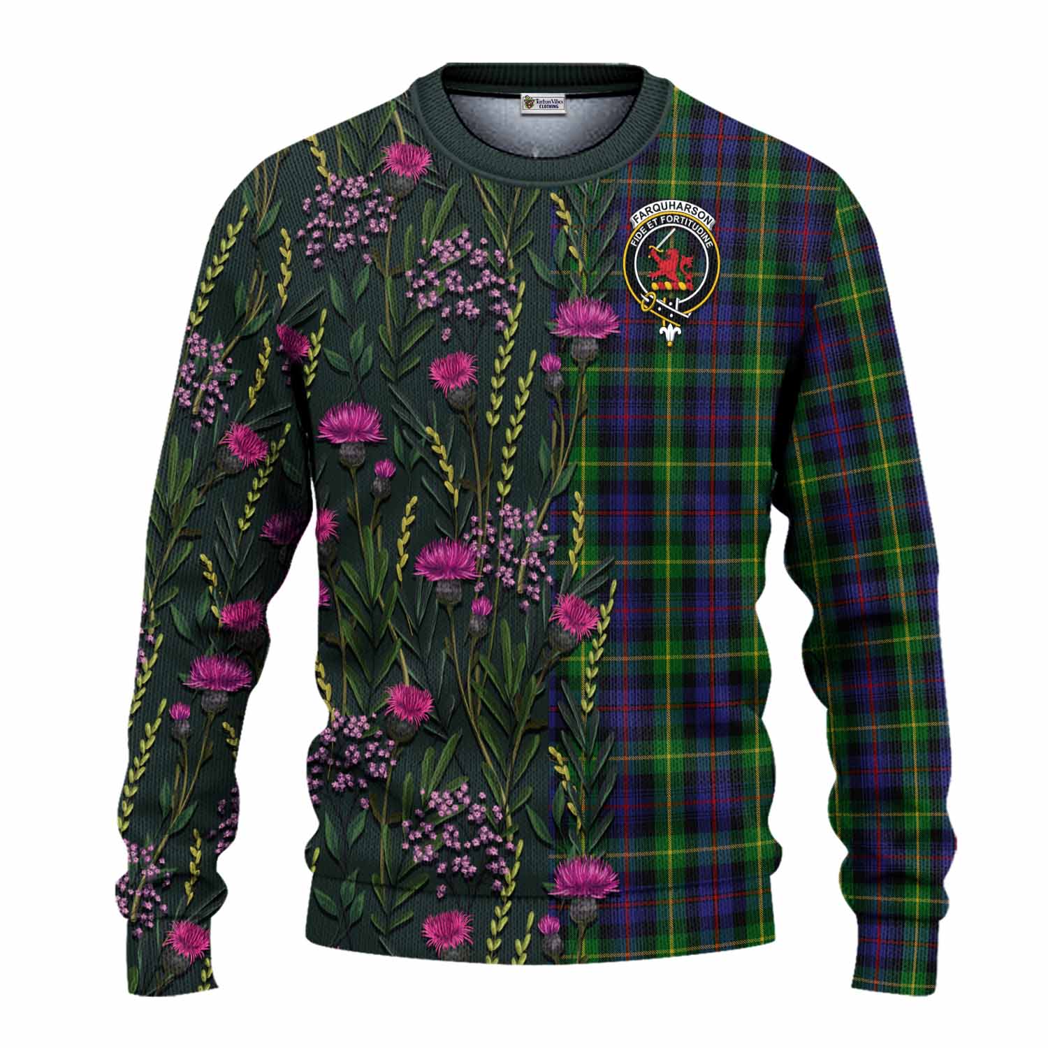 Farquharson Family Crest Tartan Knitted Sweater Scottish Thistle Flower Pattern Half Style - Tartan Vibes Clothing