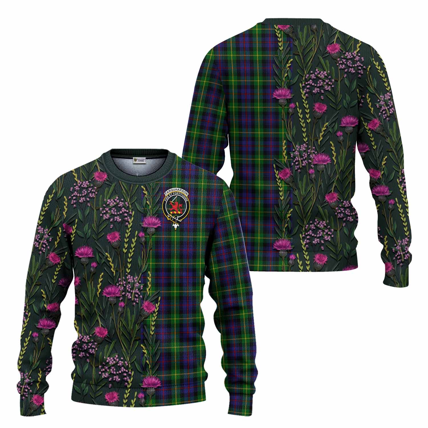 Farquharson Family Crest Tartan Knitted Sweater Scottish Thistle Flower Pattern Half Style - Tartan Vibes Clothing