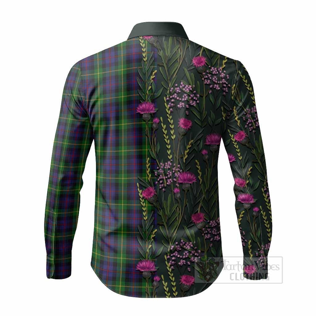 Farquharson Family Crest Tartan Long Sleeve Button Shirts Scottish Thistle Flower Pattern Half Style - Tartan Vibes Clothing