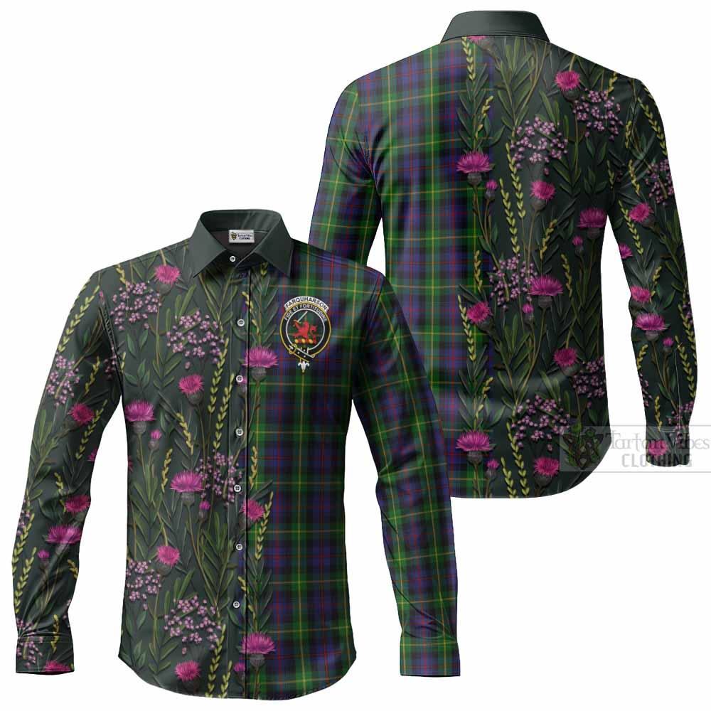 Farquharson Family Crest Tartan Long Sleeve Button Shirts Scottish Thistle Flower Pattern Half Style - Tartan Vibes Clothing