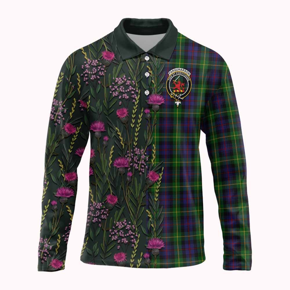 Farquharson Family Crest Tartan Long Sleeve Polo Shirt Scottish Thistle Flower Pattern Half Style - Tartan Vibes Clothing