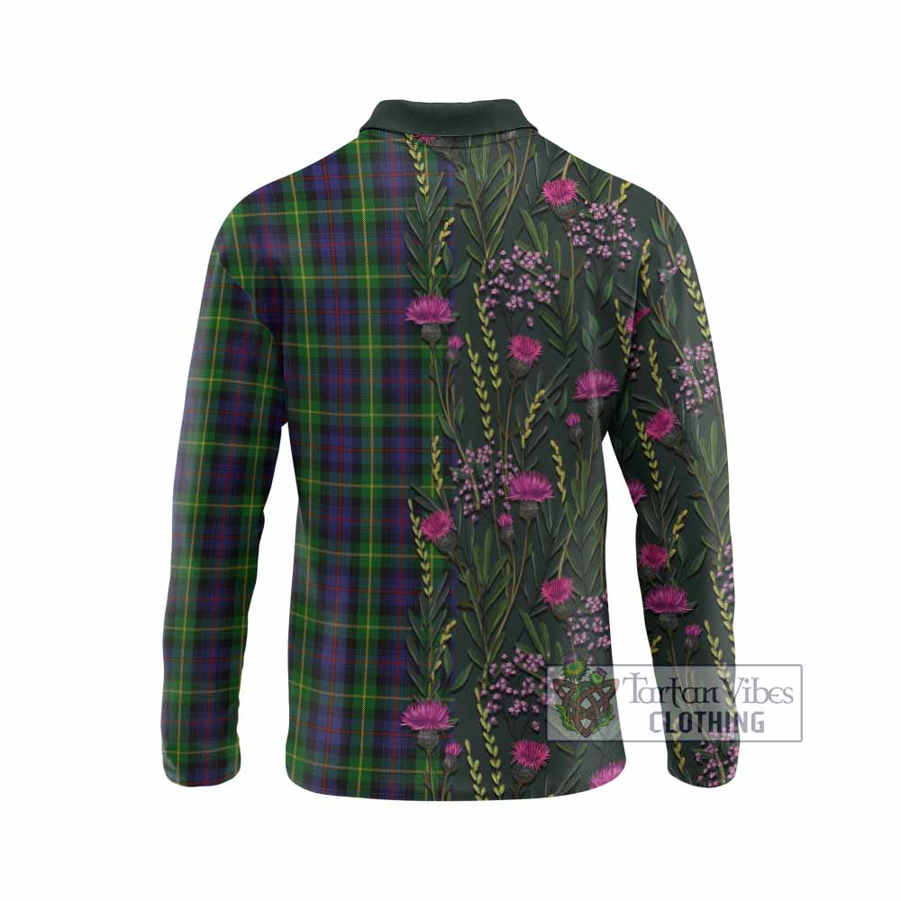 Farquharson Family Crest Tartan Long Sleeve Polo Shirt Scottish Thistle Flower Pattern Half Style - Tartan Vibes Clothing