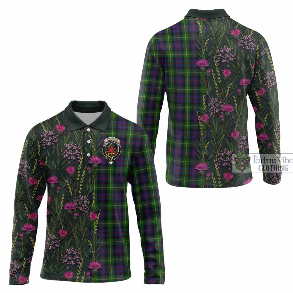 Farquharson Family Crest Tartan Long Sleeve Polo Shirt Scottish Thistle Flower Pattern Half Style - Tartan Vibes Clothing
