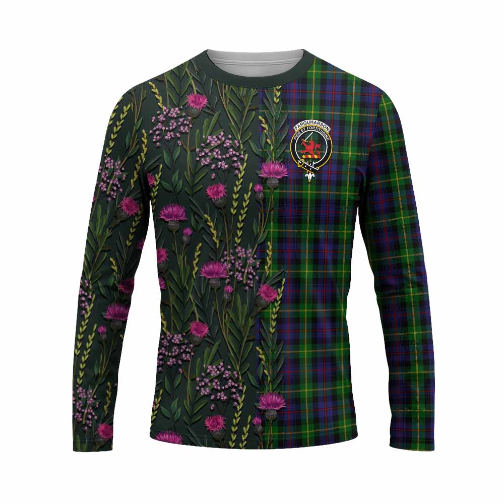 Farquharson Family Crest Tartan Long Sleeve T-Shirt Scottish Thistle Flower Pattern Half Style - Tartan Vibes Clothing