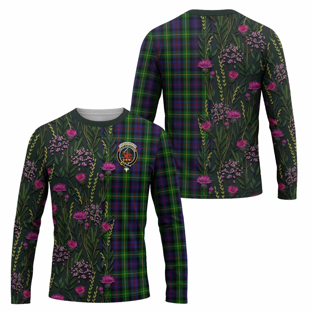 Farquharson Family Crest Tartan Long Sleeve T-Shirt Scottish Thistle Flower Pattern Half Style - Tartan Vibes Clothing