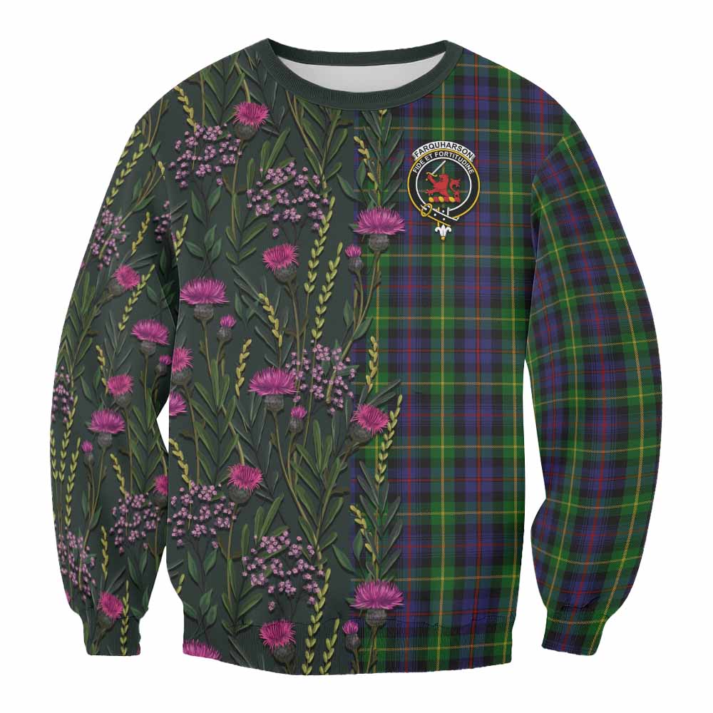 Farquharson Family Crest Tartan Sweatshirt Scottish Thistle Flower Pattern Half Style - Tartan Vibes Clothing