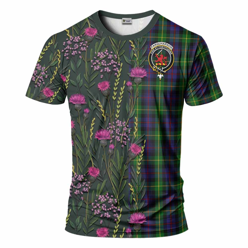 Farquharson Family Crest Tartan T-Shirt Scottish Thistle Flower Pattern Half Style - Tartan Vibes Clothing
