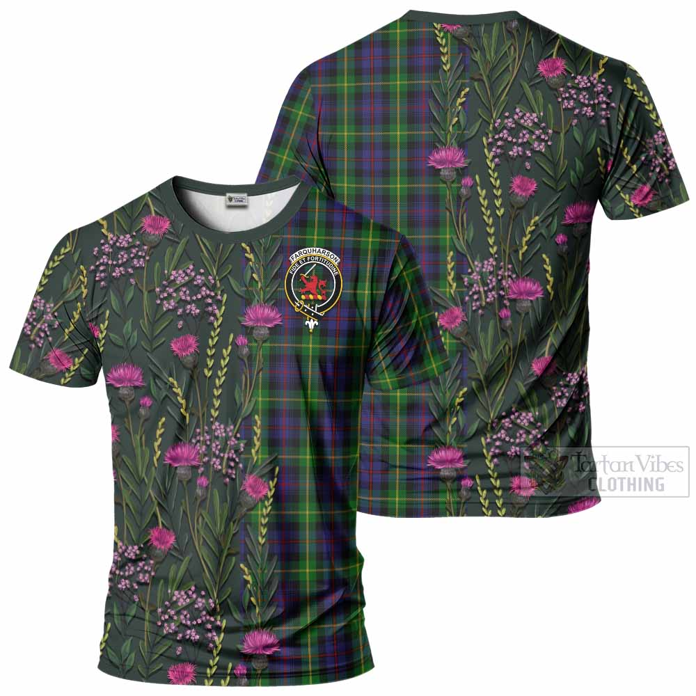Farquharson Family Crest Tartan T-Shirt Scottish Thistle Flower Pattern Half Style - Tartan Vibes Clothing