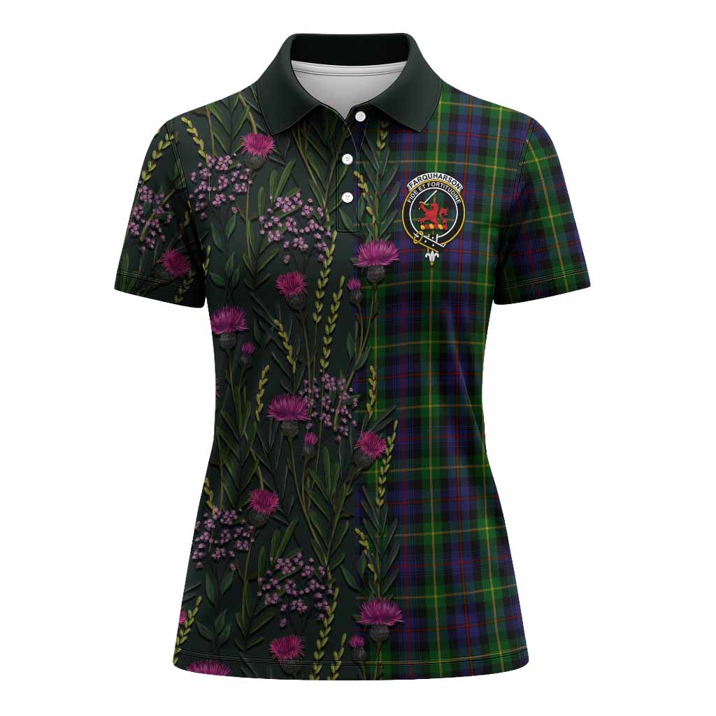 Farquharson Family Crest Tartan Women Polo Shirt Scottish Thistle Flower Pattern Half Style - Tartan Vibes Clothing