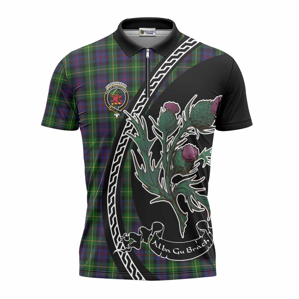 Farquharson Family Crest Tartan Zipper Polo Shirt Alba Thistle Inspired - Tartan Vibes Clothing