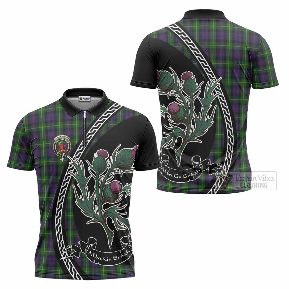 Farquharson Family Crest Tartan Zipper Polo Shirt Alba Thistle Inspired - Tartan Vibes Clothing