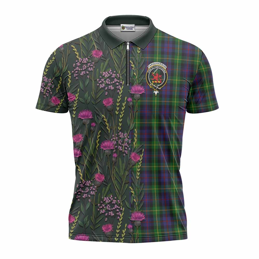 Farquharson Family Crest Tartan Zipper Polo Shirt Scottish Thistle Flower Pattern Half Style - Tartan Vibes Clothing