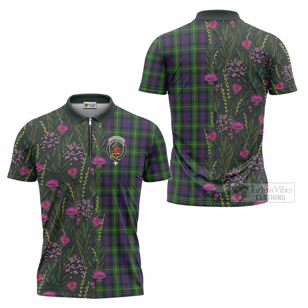 Farquharson Family Crest Tartan Zipper Polo Shirt Scottish Thistle Flower Pattern Half Style - Tartan Vibes Clothing