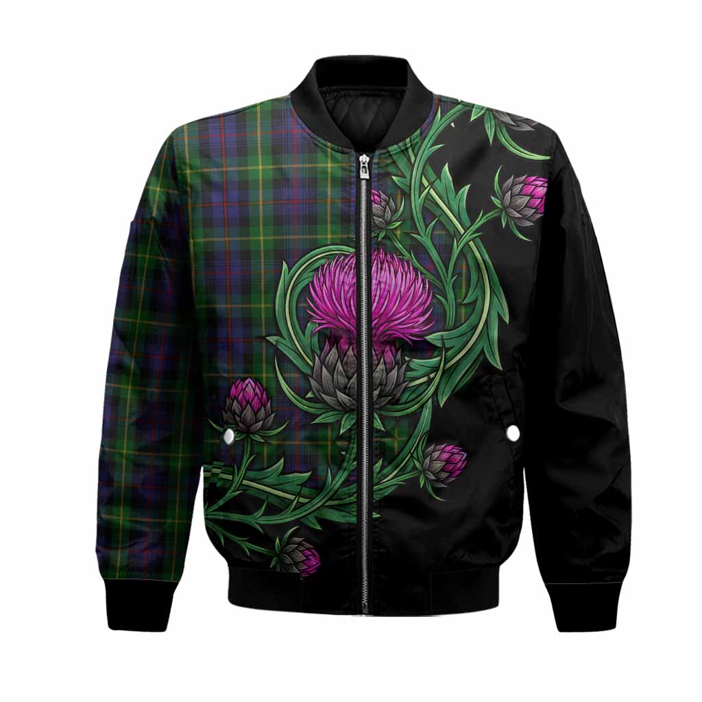 Farquharson Tartan Bomber Jacket Resilient Scottish Thistle Unisex Black - Tartan Vibes Clothing