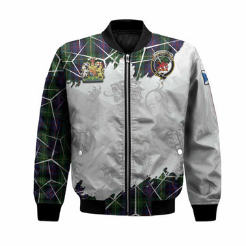 Farquharson Tartan Bomber Jacket with Family Crest and Lion Rampant Grunge Style
