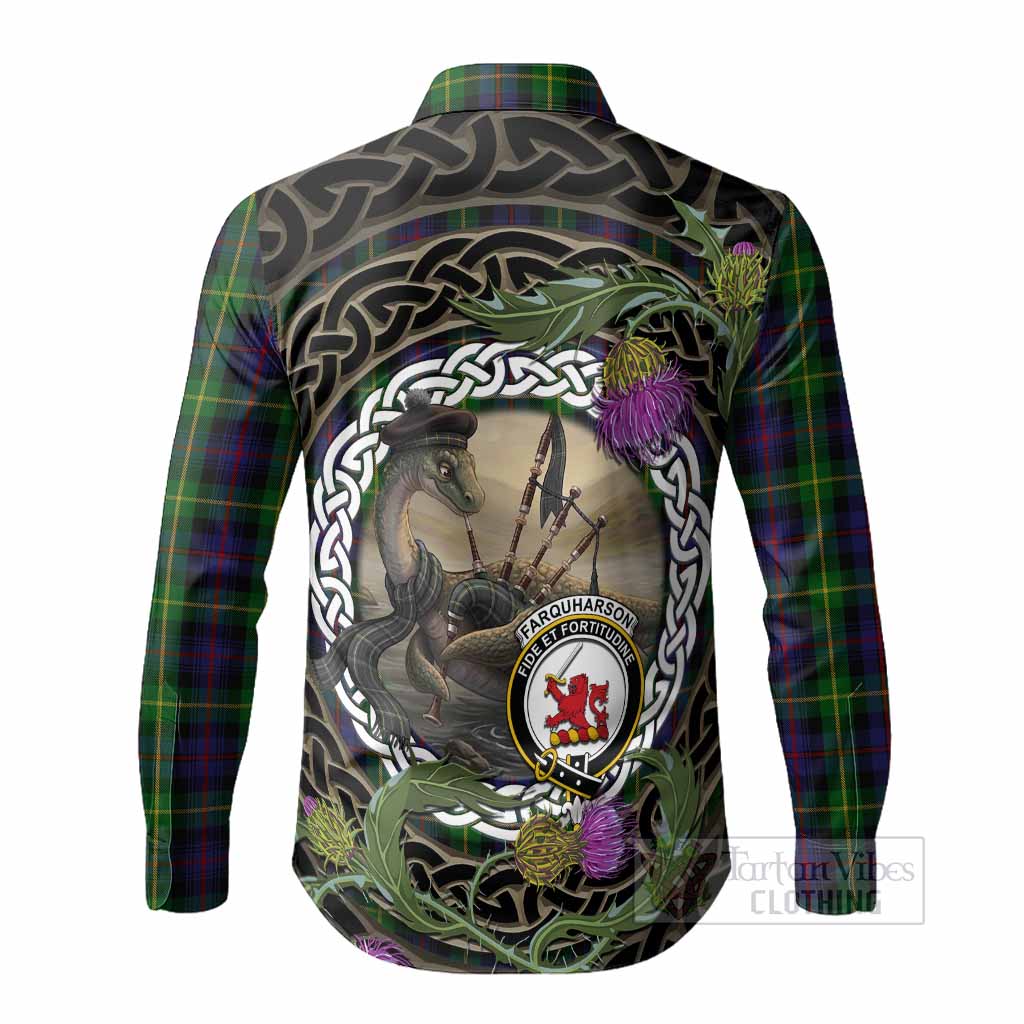 Farquharson Tartan Crest Bagpipe Nessie Long Sleeve Button Shirts Scottish Loch Ness Monster Celtic Thistle