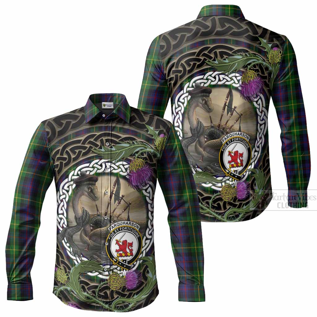 Farquharson Tartan Crest Bagpipe Nessie Long Sleeve Button Shirts Scottish Loch Ness Monster Celtic Thistle