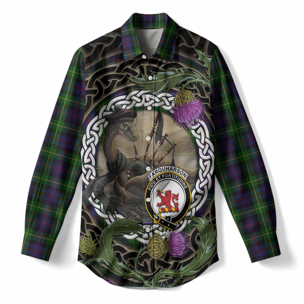 Farquharson Tartan Crest Bagpipe Nessie Women Casual Shirt Scottish Loch Ness Monster Celtic Thistle