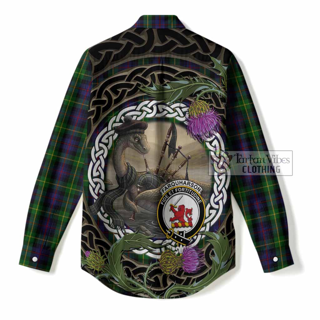 Farquharson Tartan Crest Bagpipe Nessie Women Casual Shirt Scottish Loch Ness Monster Celtic Thistle