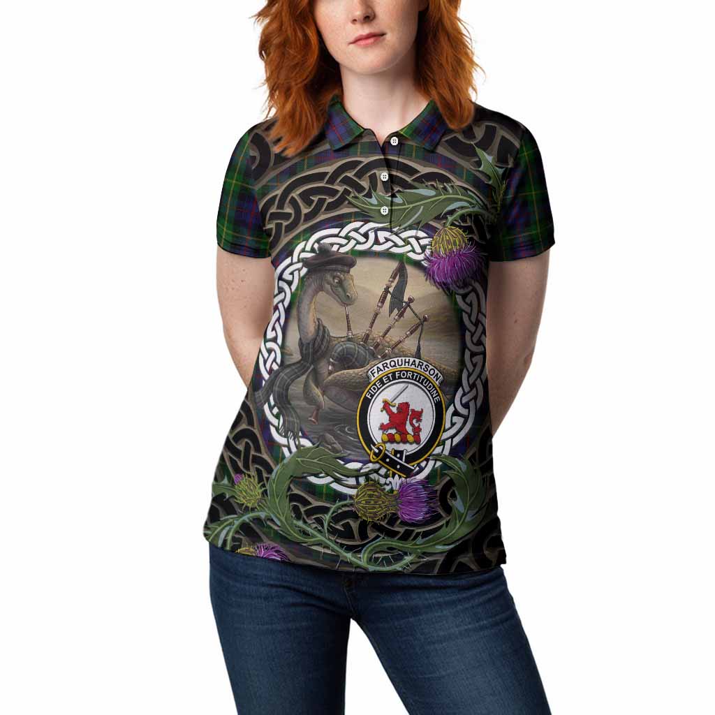 Farquharson Tartan Crest Bagpipe Nessie Women Polo Shirt Scottish Loch Ness Monster Celtic Thistle