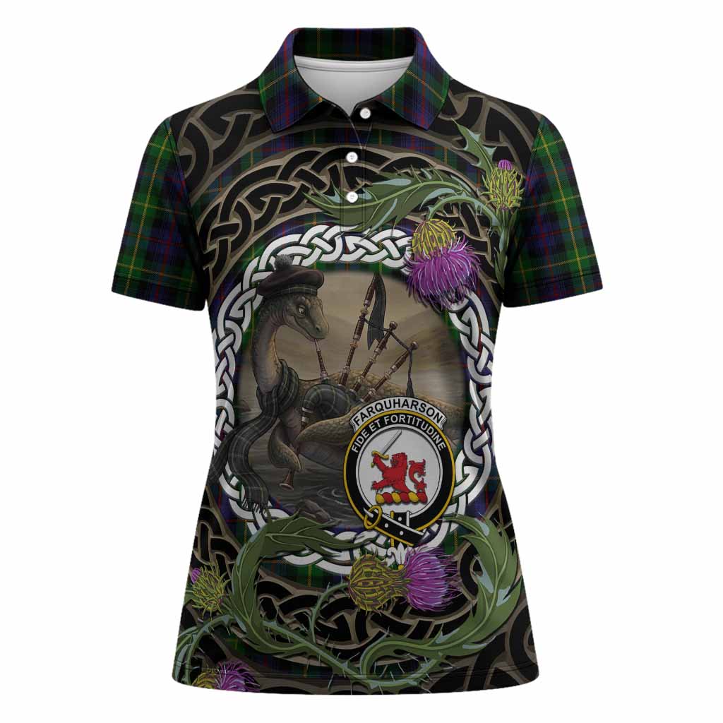 Farquharson Tartan Crest Bagpipe Nessie Women Polo Shirt Scottish Loch Ness Monster Celtic Thistle