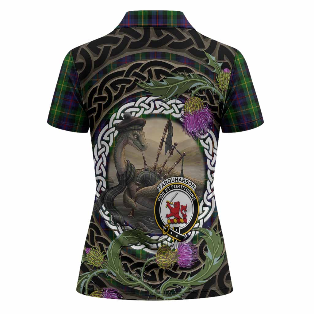 Farquharson Tartan Crest Bagpipe Nessie Women Polo Shirt Scottish Loch Ness Monster Celtic Thistle