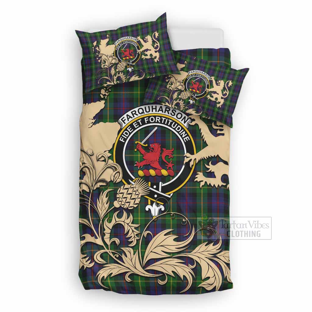 Farquharson Tartan Crest Bedding Set with Scottish Iconic Symbols 