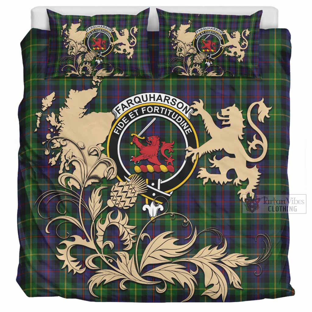 Farquharson Tartan Crest Bedding Set with Scottish Iconic Symbols 