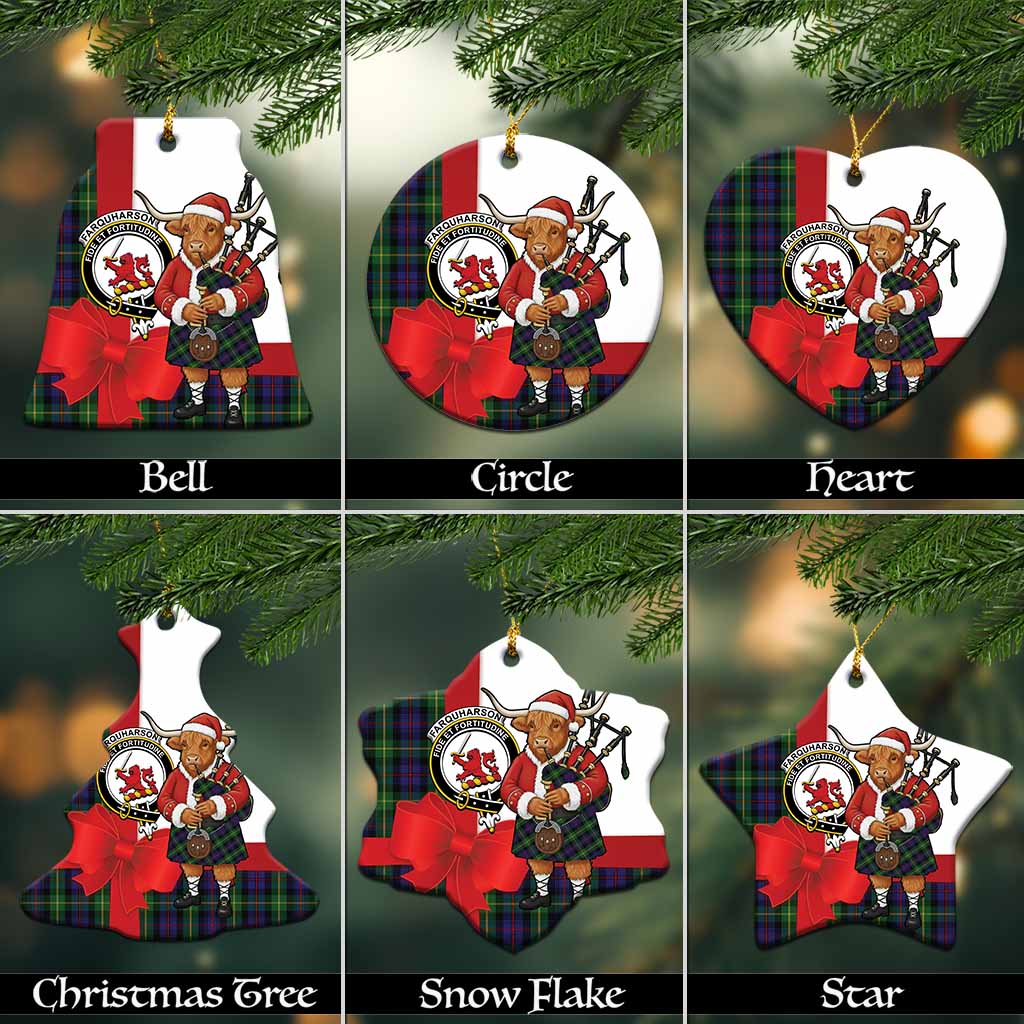 Farquharson Tartan Crest Christmas Ceramic Ornament Highland Cow Bagpipes Coquette Bow Style