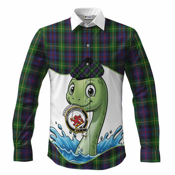 Farquharson Tartan Crest Cute Nessie Long Sleeve Button Shirts Scottish Loch Ness Monster