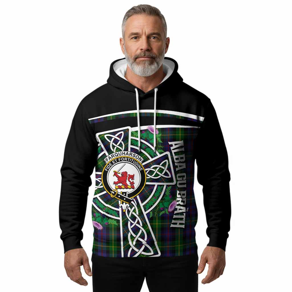 Farquharson Tartan Crest Hoodie Scottish Thistle Celtic Cross Alba Gu Brath