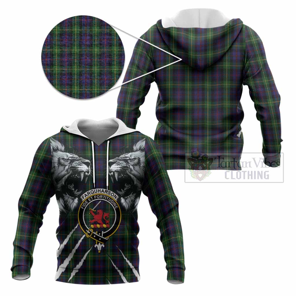 Farquharson Tartan Crest Knitted Hoodie Ferocious Lion Style