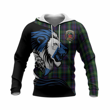 Farquharson Tartan Crest Knitted Hoodie Scottish Golden Lions Wave Flow