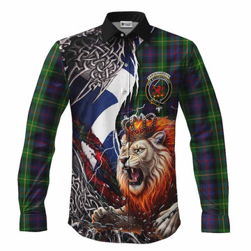 Farquharson Tartan Crest Long Sleeve Button Shirts Heritage Flag Grunge Celtic Knot and Lion Rampant