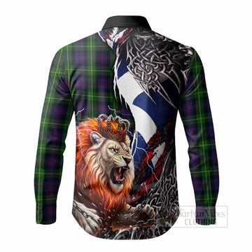 Farquharson Tartan Crest Long Sleeve Button Shirts Heritage Flag Grunge Celtic Knot and Lion Rampant