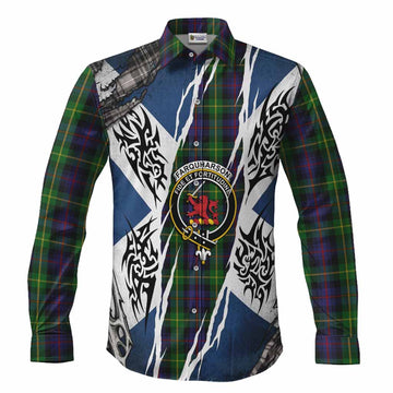 Farquharson Tartan Crest Long Sleeve Button Shirts Scotland Flag Ripped Tribal Design
