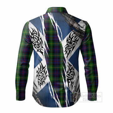 Farquharson Tartan Crest Long Sleeve Button Shirts Scotland Flag Ripped Tribal Design