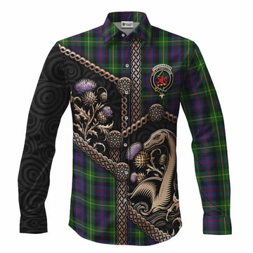 Farquharson Tartan Crest Long Sleeve Button Shirts Scottish Thistle Loch Ness Monster