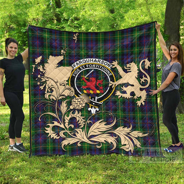 Farquharson Tartan Crest Premium Quilt with Scottish Iconic Symbols 
