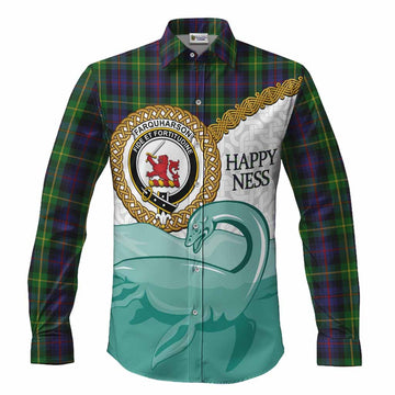 Farquharson Tartan Crest Scottish Loch Ness Monster Long Sleeve Button Shirts Happy Ness Scotland Celtic Knot