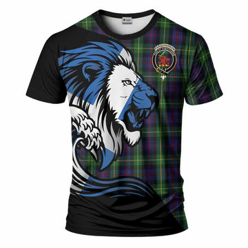 Farquharson Tartan Crest T-Shirt Scottish Golden Lions Wave Flow
